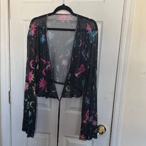 SHEIN Rainbow Celestial Print Sheer Black Mesh Kimono Jacket